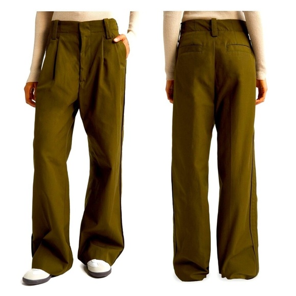 MERYLL ROGGE pants green cotton medium wide leg pleated high rise NWOT casual - Picture 1 of 16